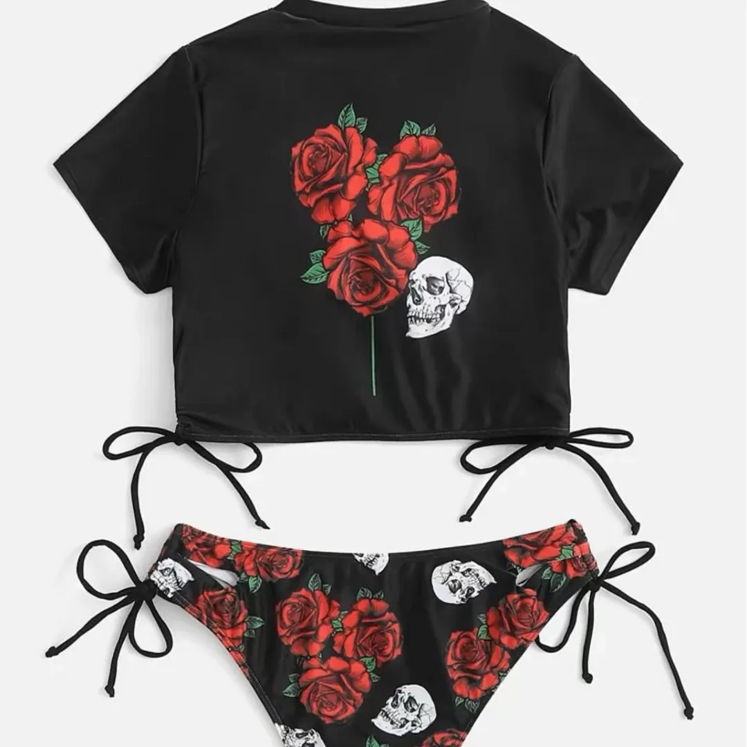 Churchf 2022 New Set Board Single Rose Print Rope Split Bikini Bikini