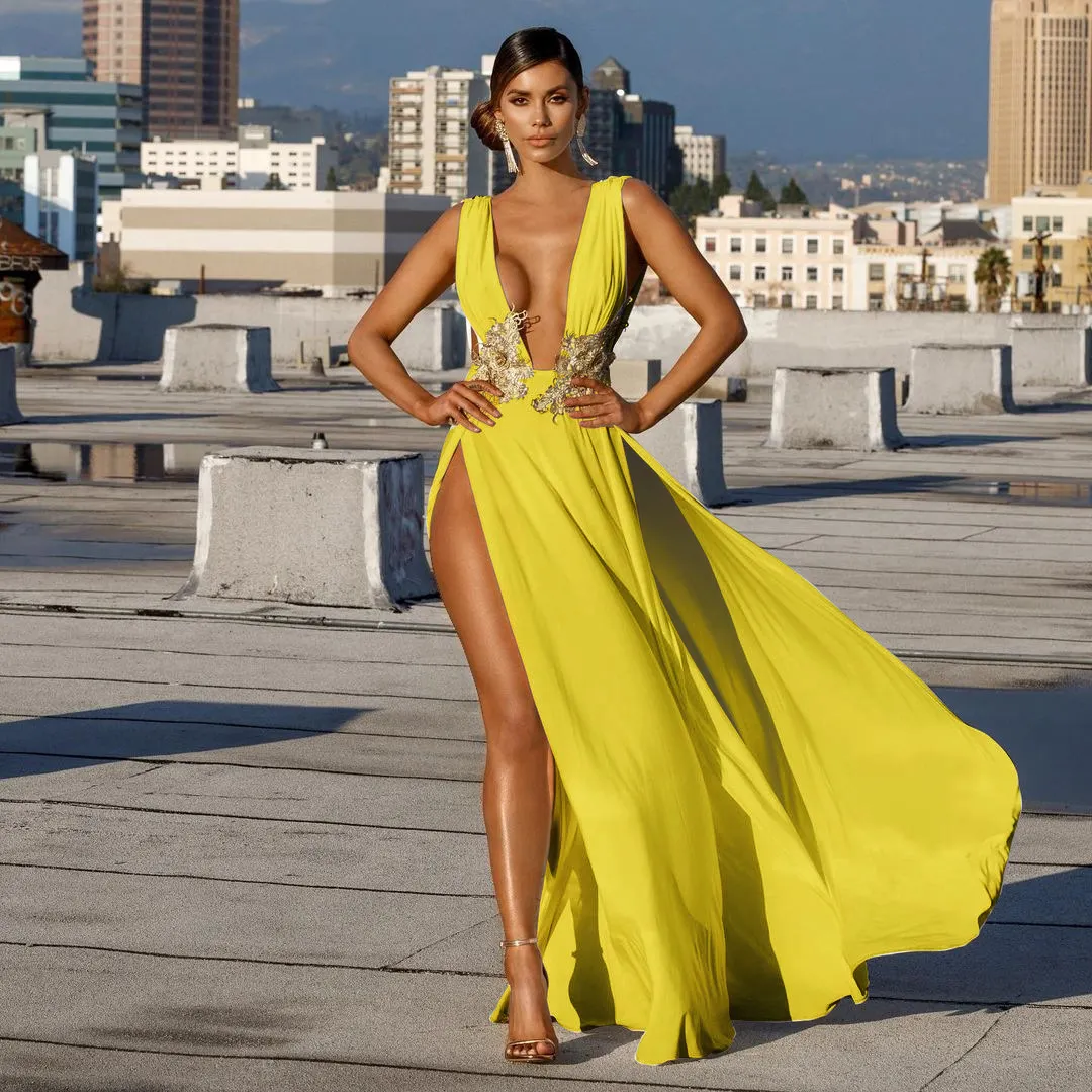 Uveng Uveng Color Sexy Fashion Wedding Dress Deep V Collar Open Fork Long Dress Dress Dress