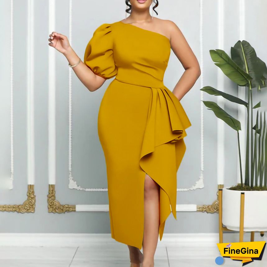 Yellow Sexy Plus Size Solid Backless Off the Shoulder Short Sleeve Dress