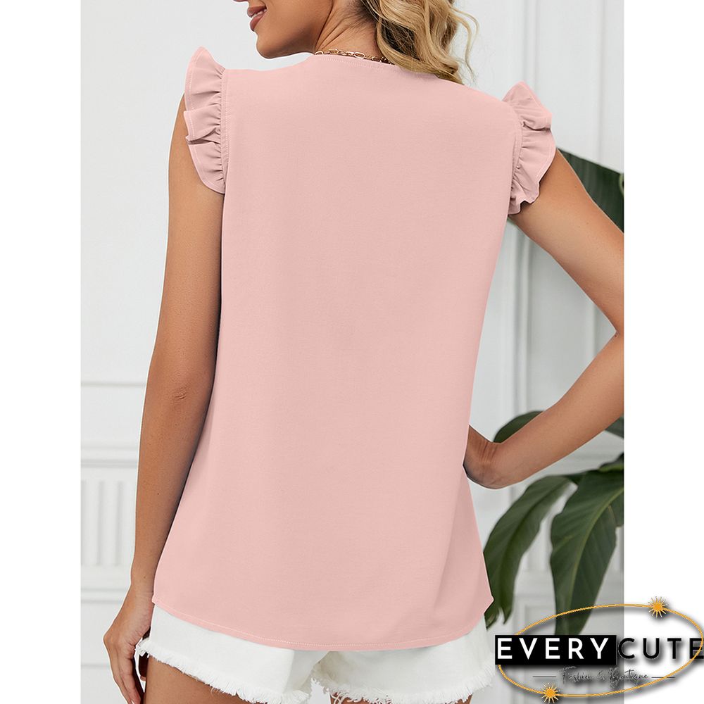 Pink Lace Trim Contrast Ruffle Short Sleeve Tops