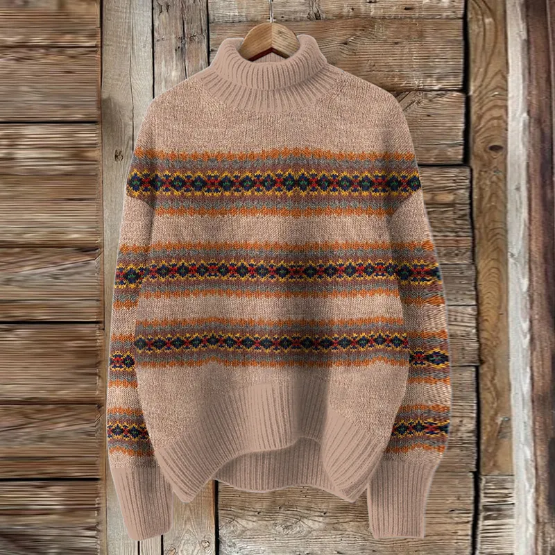Vintage Icelandic Simple Tribal Pattern Knitted Warm Turtleneck Sweater