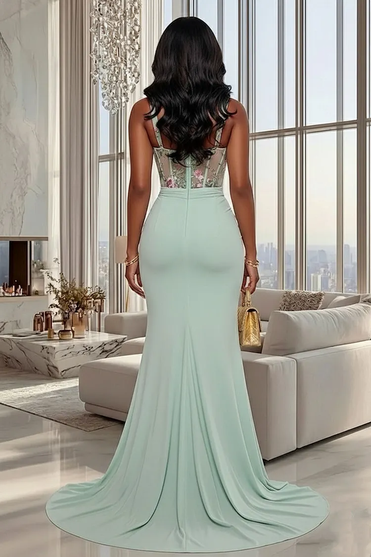 Cami Neck Floral Ruched Corset Slit Mermaid Maxi Dresses-Green [Pre Order]