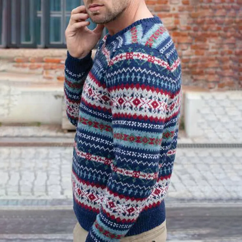 Vintage Warmth  Knit Jacquard Icelandic Crew Neck Sweater