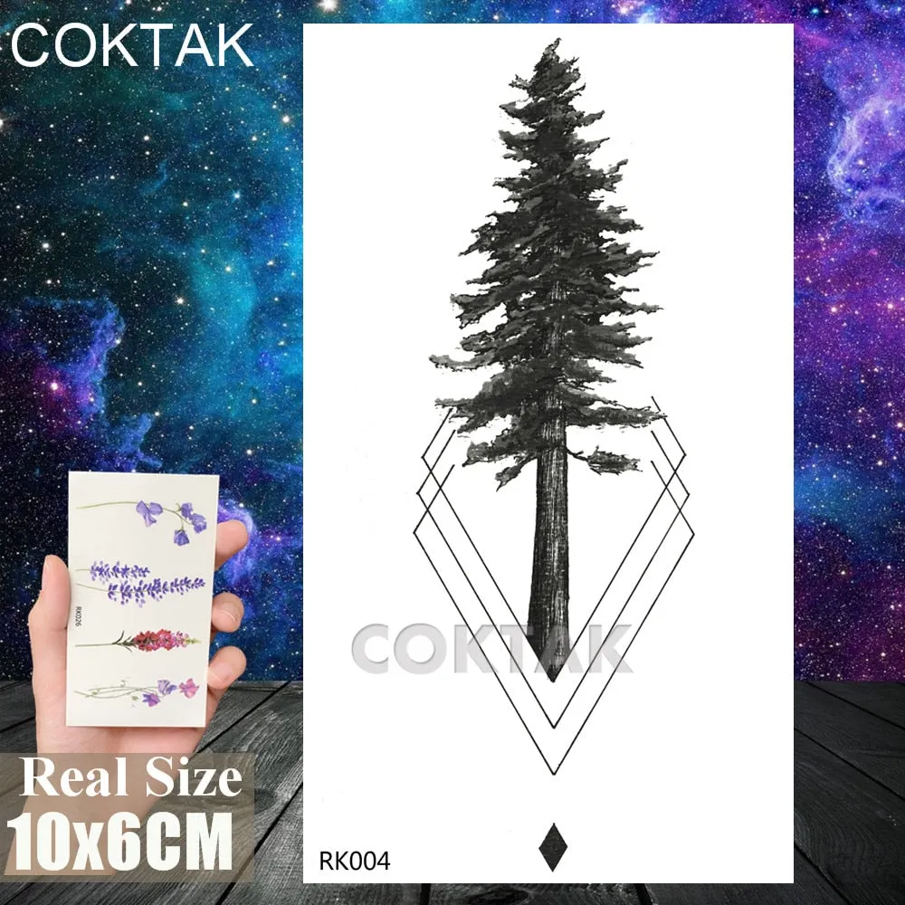 Geometry Pine Tree Temporary Tattoos Sticker Black Mountain Moon Water Transfer Tattoo For Men Body Art Washable Beauty Tatoos