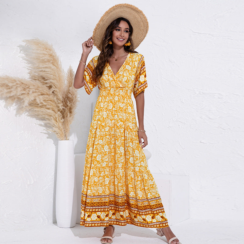 Summer Women Collection V-neck Printed High Waist Big Swing Dress