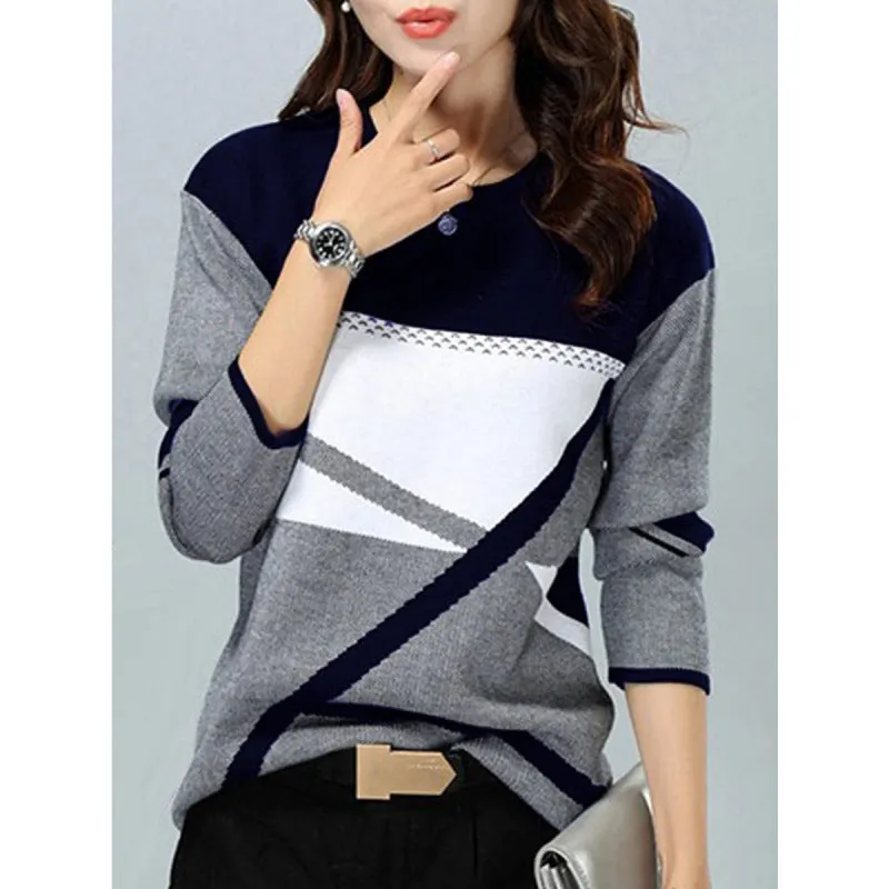 Brownm Loose Color Printed Round Neck Long Sleeve T-shirt