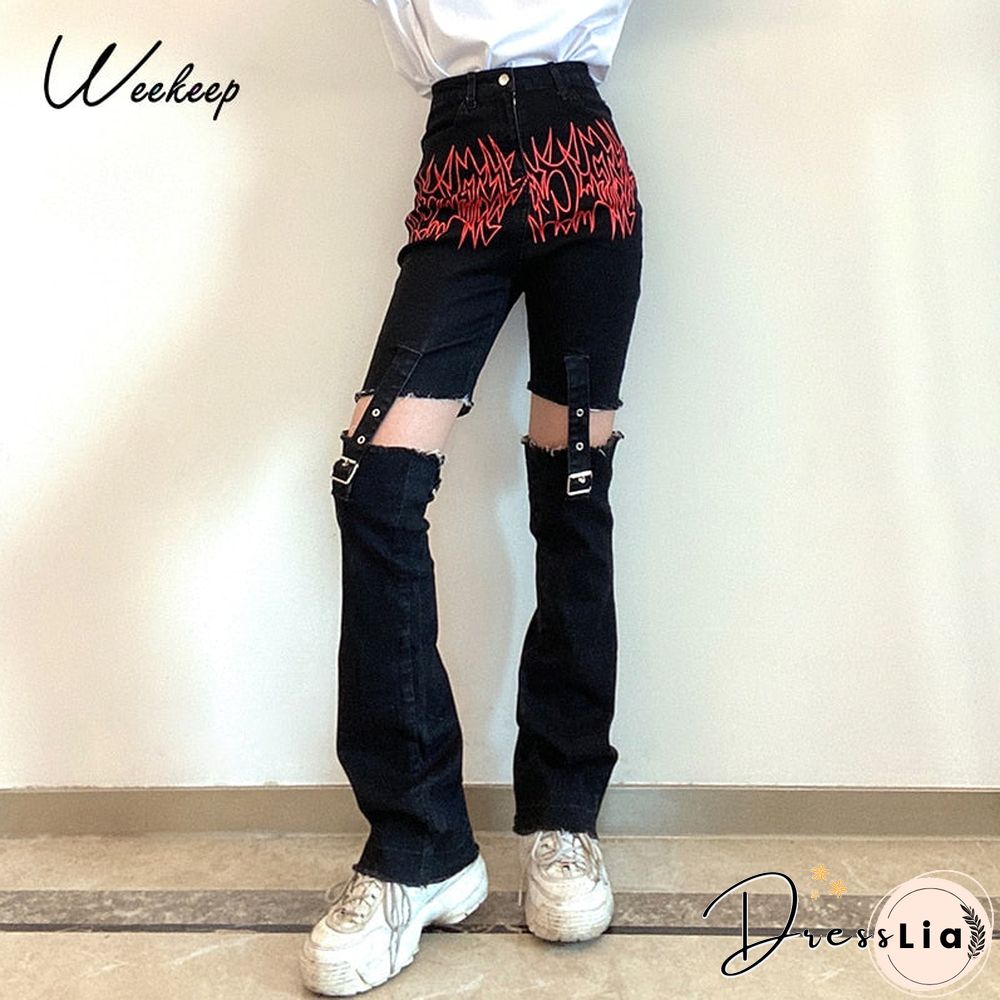 Weekeep Gothic Print Cut Out Blcak Jeans Women High Waist Denim Long Pants Summer Vintage 90S Harajuku Streetwear Punk Trousers
