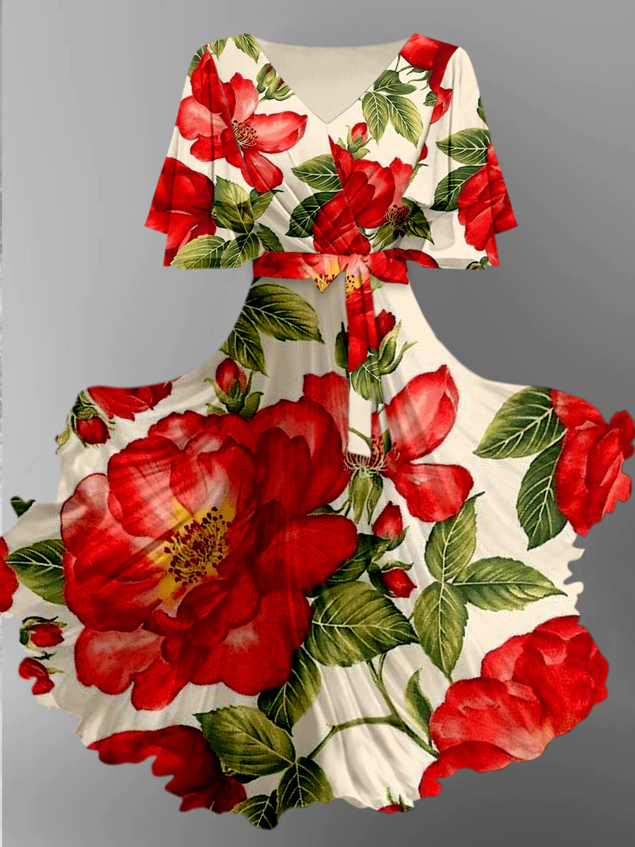 Retro Floral Art Print V-Neck Vintage Short Sleeve Midi Dress