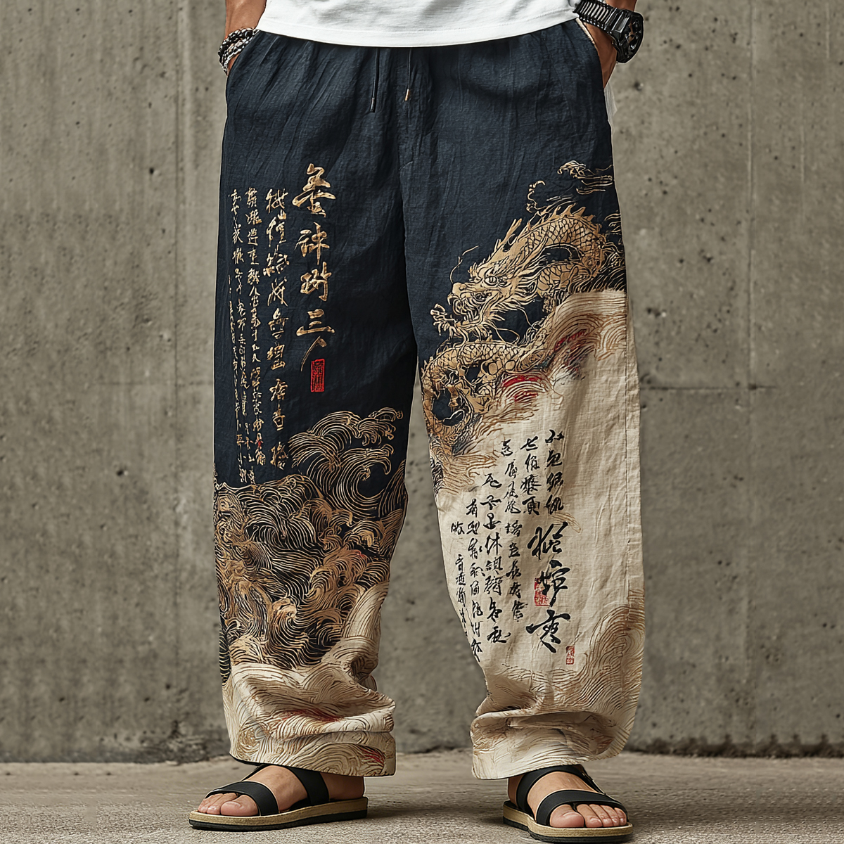 Men's Vintage Japanese Calligraphy Dragon Art Linen Blend Pants elevenforest