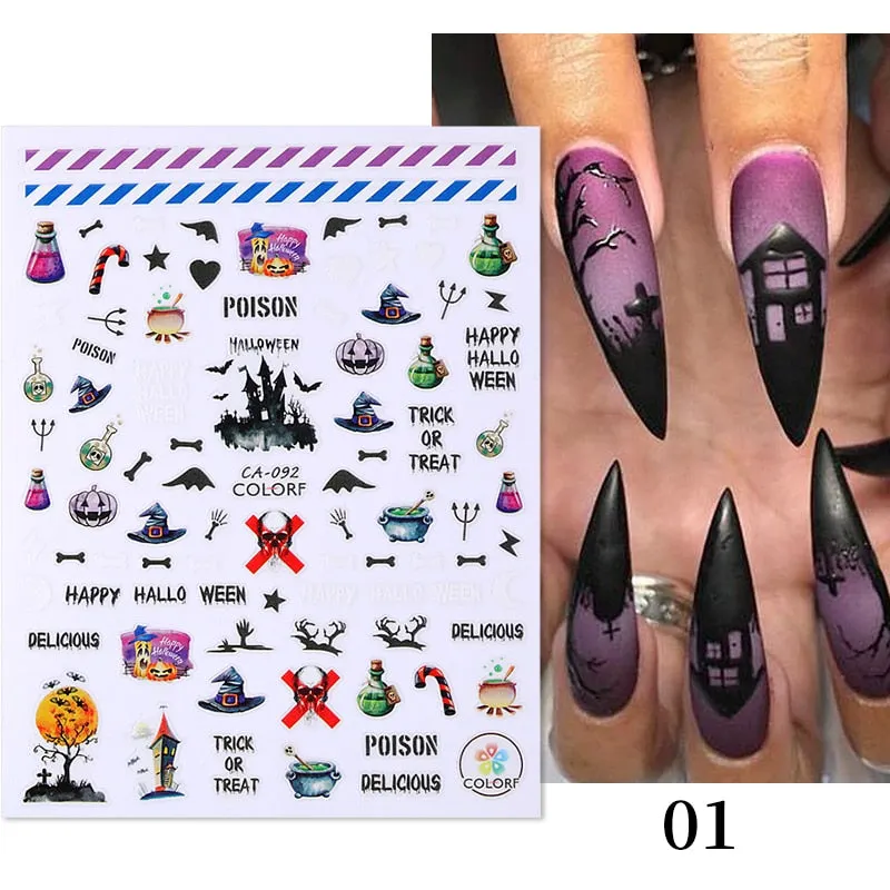 1pcs Halloween Pumpkin Skull Design 3D Nail Stickers Geometry Christmas Snowflake Winter Slider Nail Foils Manicures Decoration