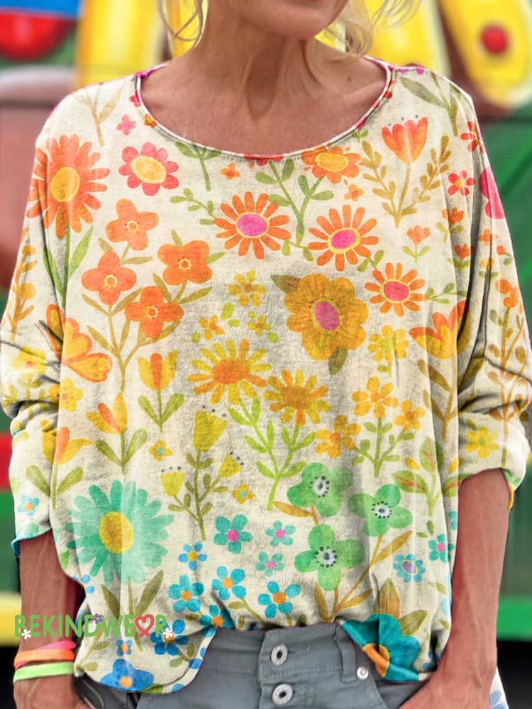 Colorful Floral Art Print Casual Long Sleeve T-shirt Multicolor / S
