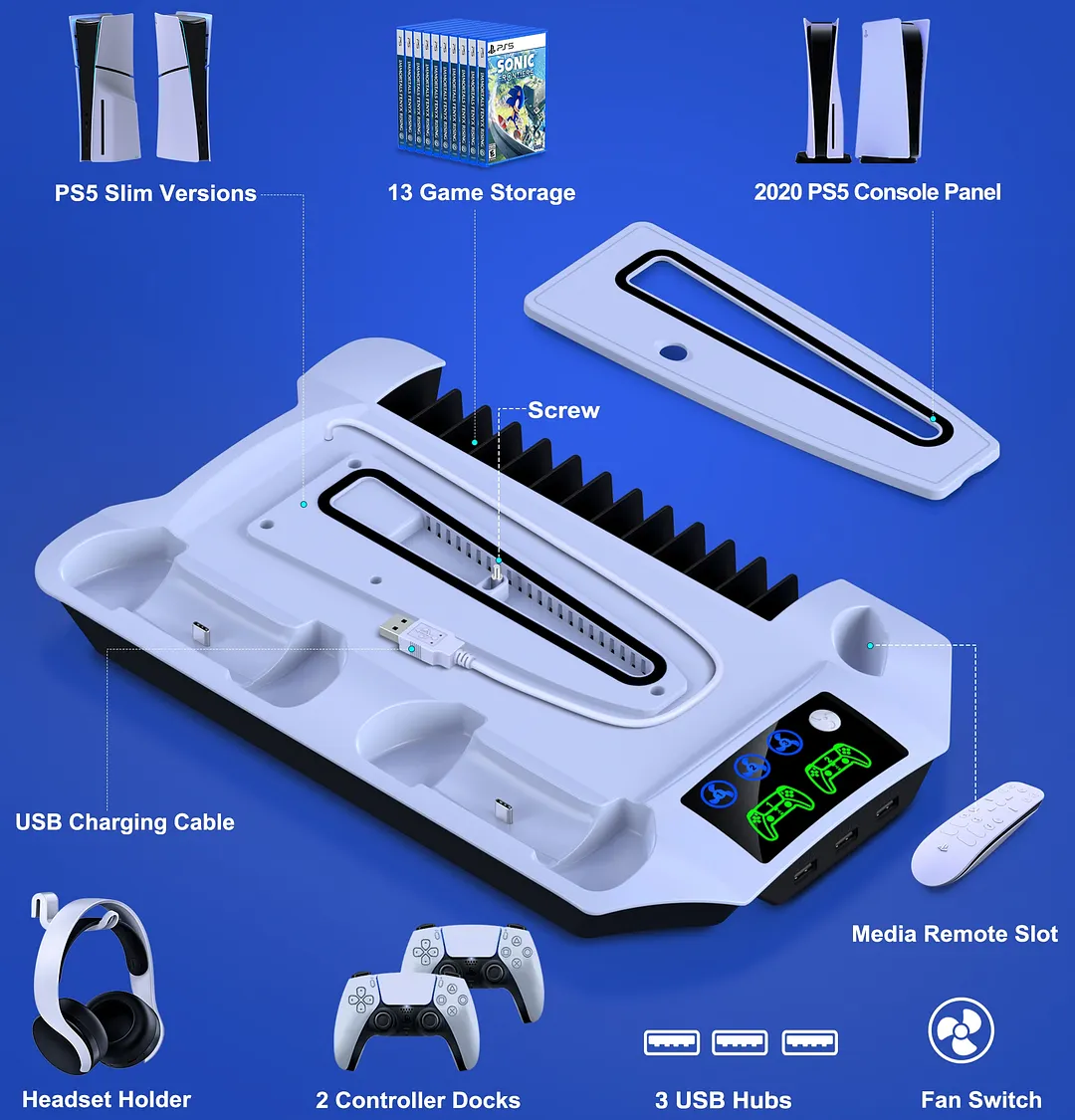 PS5 Stand Cooling Station for 2023 PS5 Slim,DinoFire Dual Fast PS5 Controller Charging Station,PS5 Accessories for Sony 2020 PS5 Digital/Disc Console