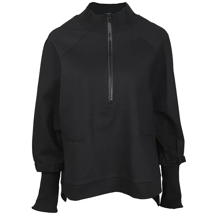 Stylish Black Stand Collar With Zipper Long Sleeve Sweatshirt  