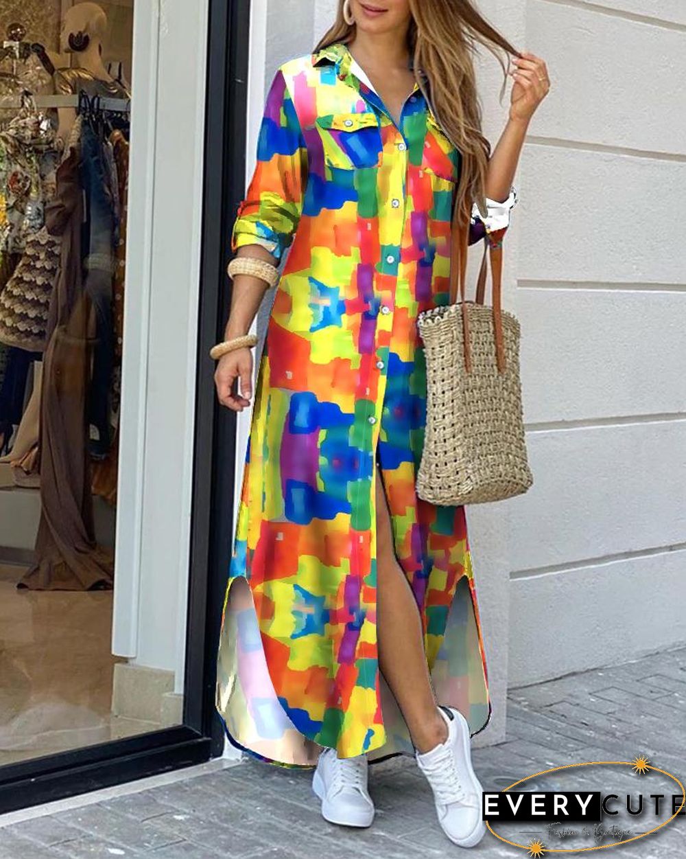 Colorblock Pocket Design Slit Shirt Dress