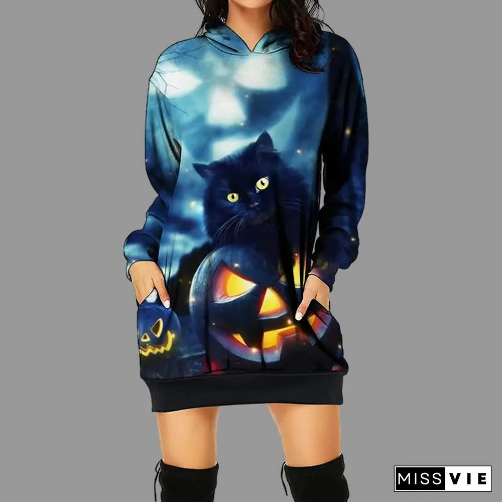 Halloween Pumpkin Black Cat 3D Print Long Sleeve Pocketed Hoodie