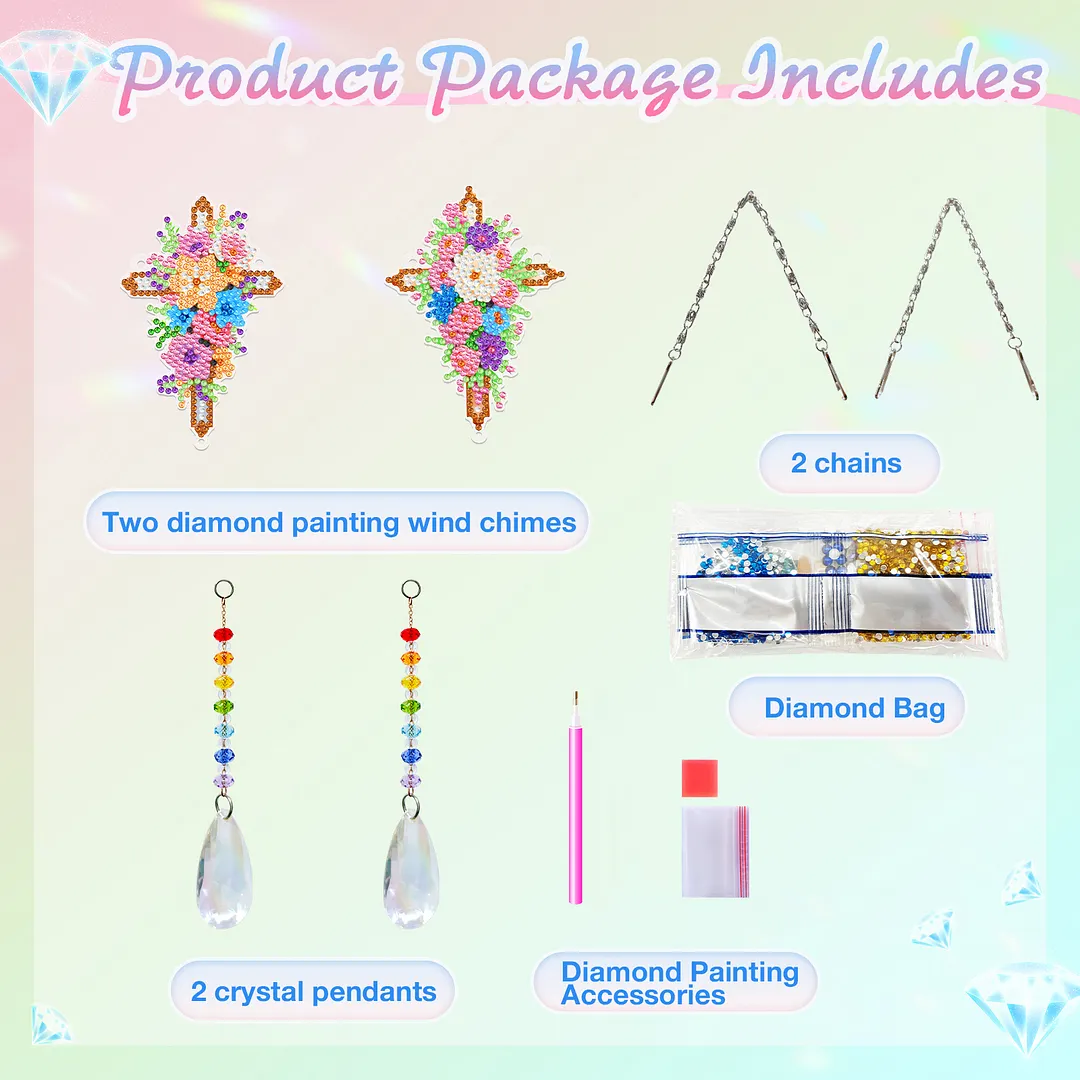 2Pcs Flower Cross DIY Acrylic Diamond Painting Art Wind Chimes with Crystal Pendant Diamond Art Hanging Pendant Double-Sided for Adults Beginners Gift Home Garden Decor
