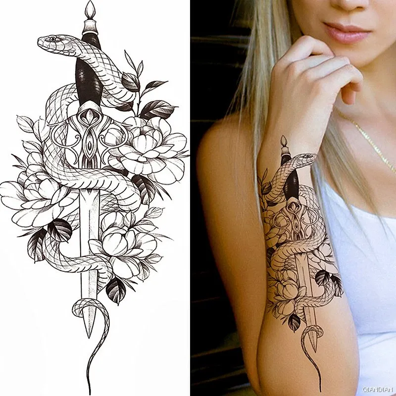 Black Sexy Flower Temporary Tattoos Sticker Arm Sleeve Rose Tree Skull Lion Bear Snake Henna Body Decorate Fake 3D Women Totem