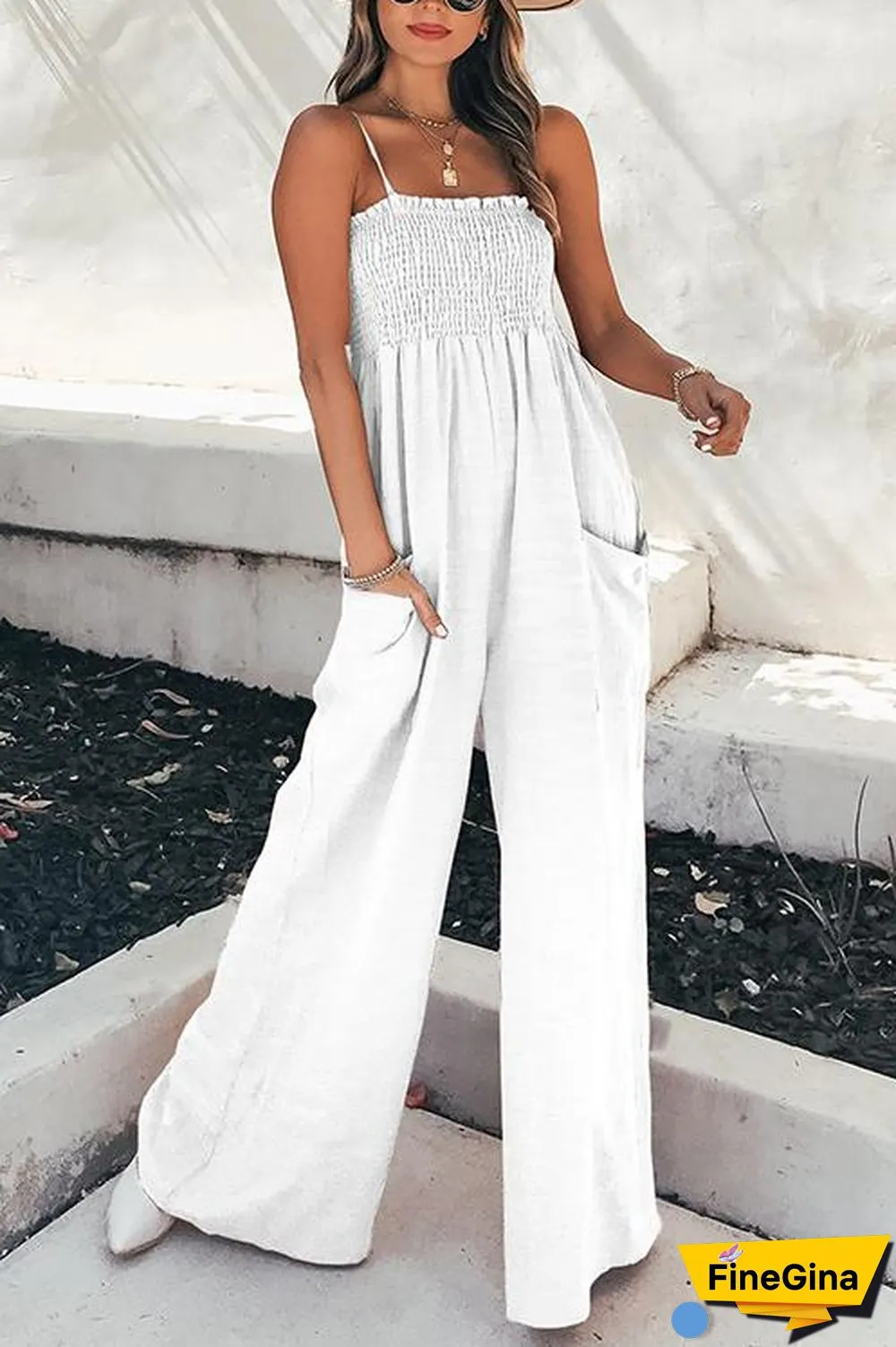 Elastic Pockets Wide Leg Slip Jumpsuit