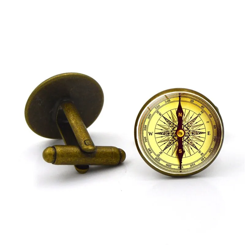 French Shirt Cufflinks Men's Compass Business Button Metal Glass Exquisite High Quality Luxury Simple Classic Cuff Link Gifts