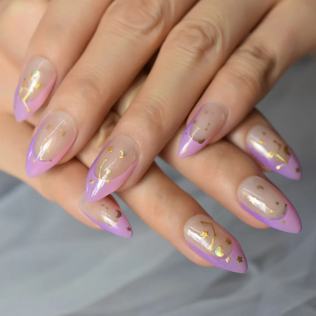 28pcs Nude Purple Short Almond Press on False Nails with Designs Gold Moon Starts Glossy Gel Fake Nails Finger Nail Decorations-Nail Inspo