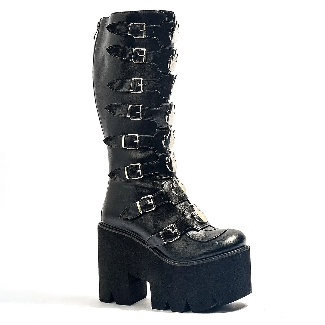 Leather Women Mid-Calf Boots Gothic Style Cool Punk Motorcycles Females Boot Platform Wedges High Heels Calf Boots Women's Shoes