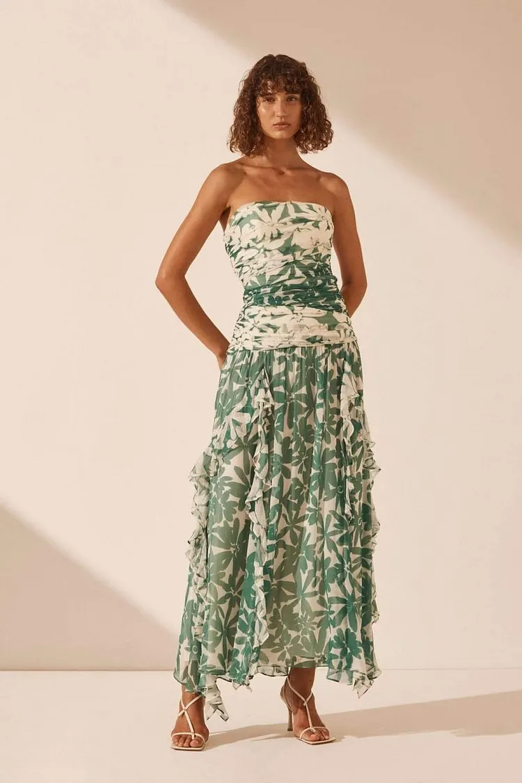 Antonia Printed Strapless Gathered Maxi Dress