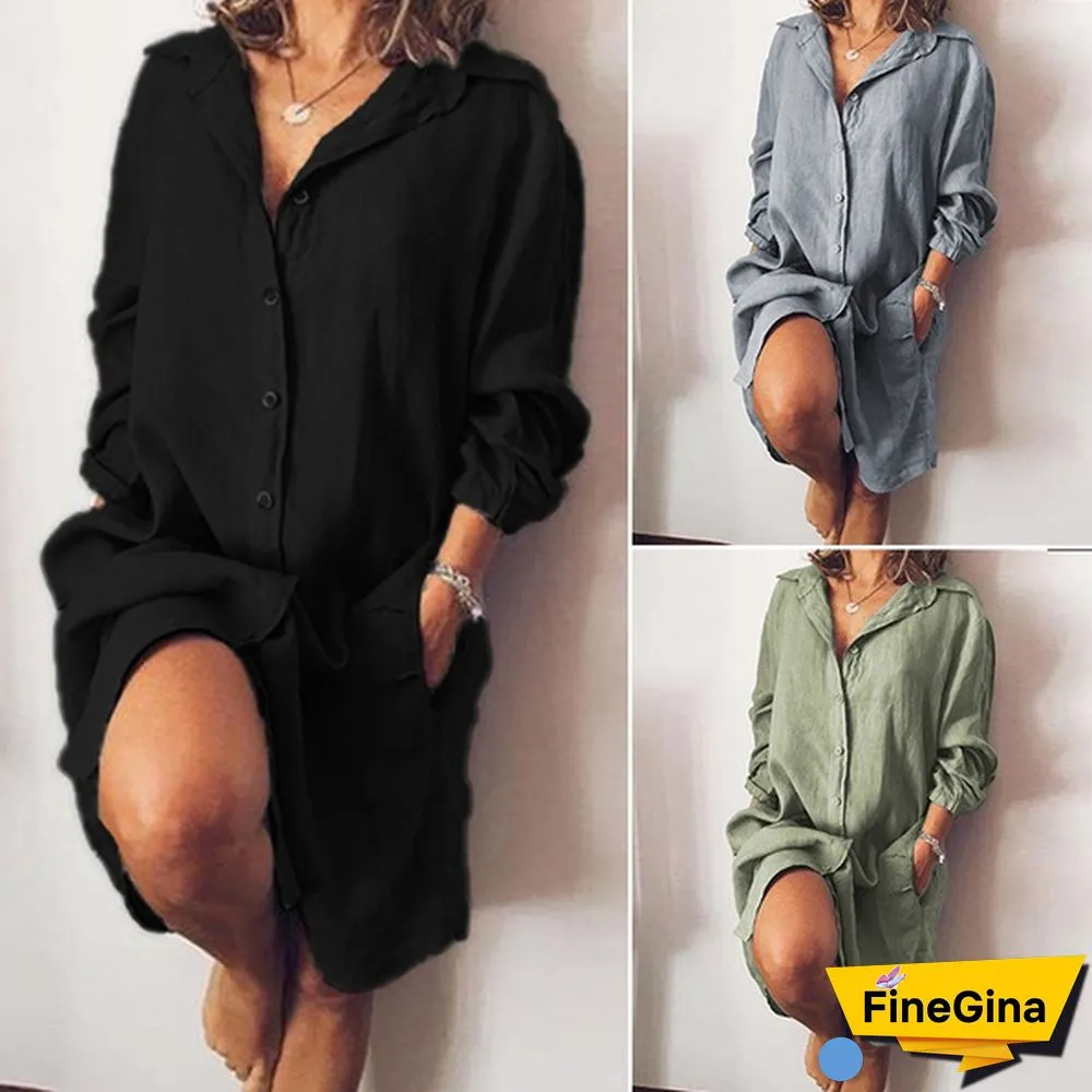 ZANZEA Women Spring Casual Baggy Linen Cotton V Neck Buttons Down Lapel Solid Mini Shirt Dress