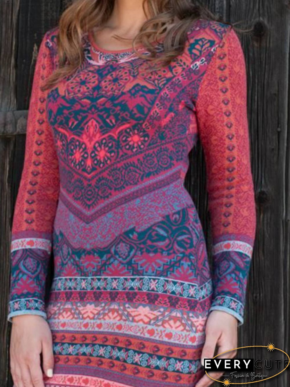 Women Red Long Sleeve Cotton Knitting Dress