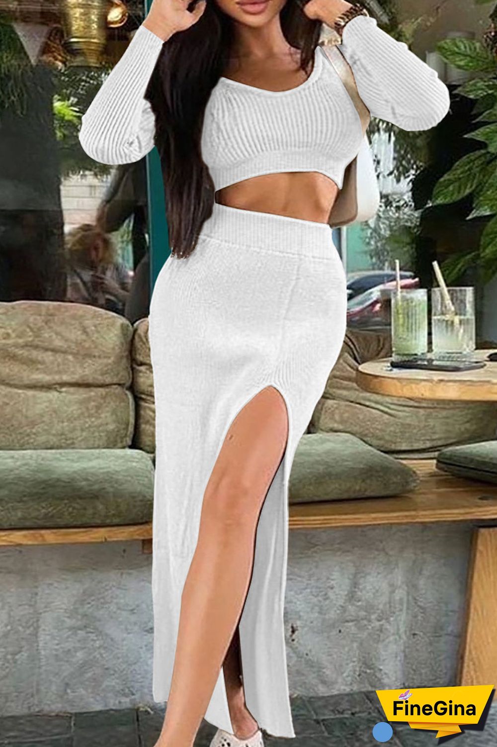 White Sexy Solid Patchwork Slit U Neck Long Sleeve Two Pieces