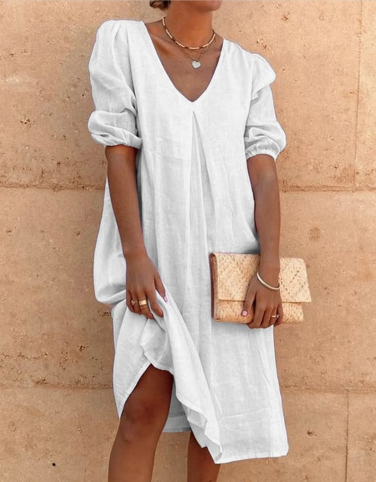 Cotton and Linen Half Sleeve Casual Midi Beach Tunic Dress