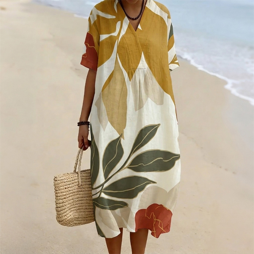 Women's Linen Dress With Leaf And Branch Art Pattern elevenforest