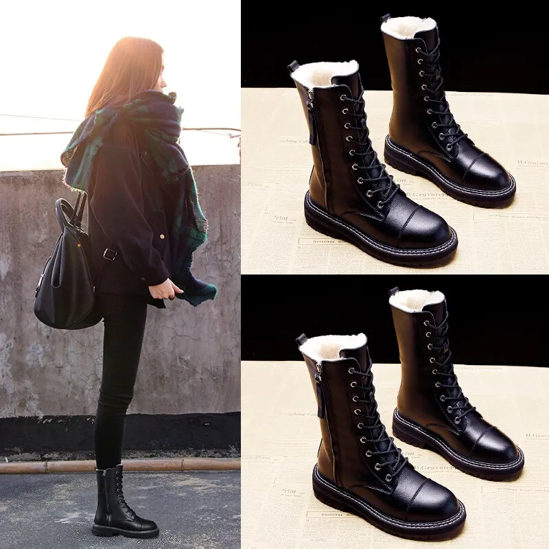 Qengg 2020 NEW Fashion Women's Short Boots GIRLS Snow Boots PU Leather Side Zip Non-slip Warm Shoes Plush Inner Lace-upBlack
