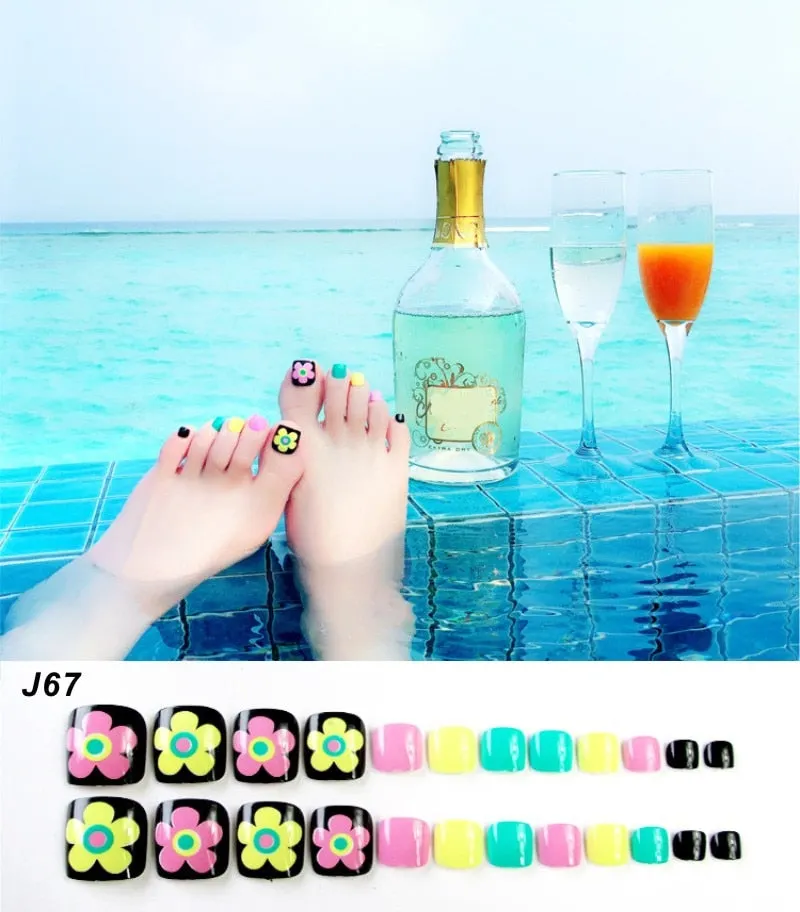 24Pcs Pretty Summer Beach Toes False Nails Rhinestone Pre-design Full Cover Red Foot Artificial Fake Nails with Glue Nail Beauty-Nail Inspo