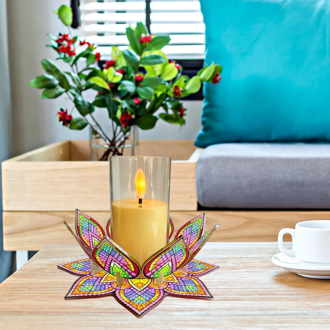 Mandala Lotus-A Acrylic DIY Diamond Painting Candle Holders Without Candles Crystal Painting Tealight Candle Stand Table Centerpiece for Adults Beginners Home Party Decor