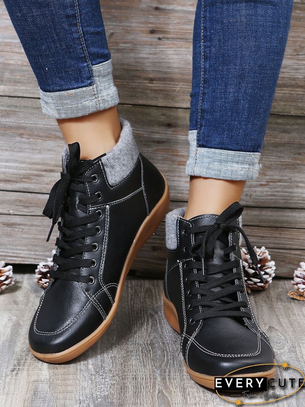 PU Leather Suede Panel Casual Short Boots