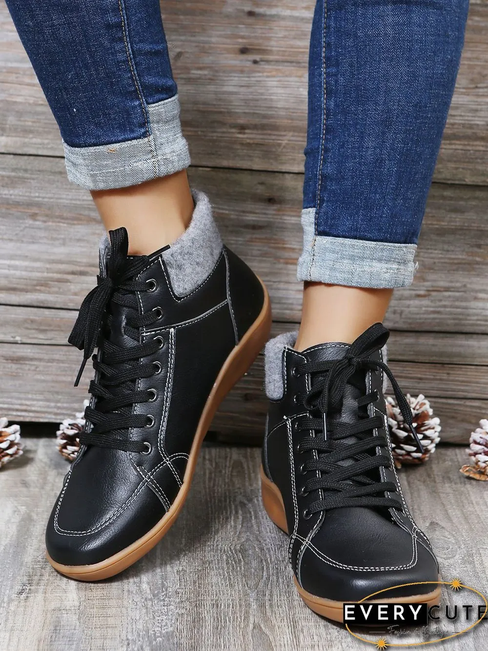 PU Leather Suede Panel Casual Short Boots