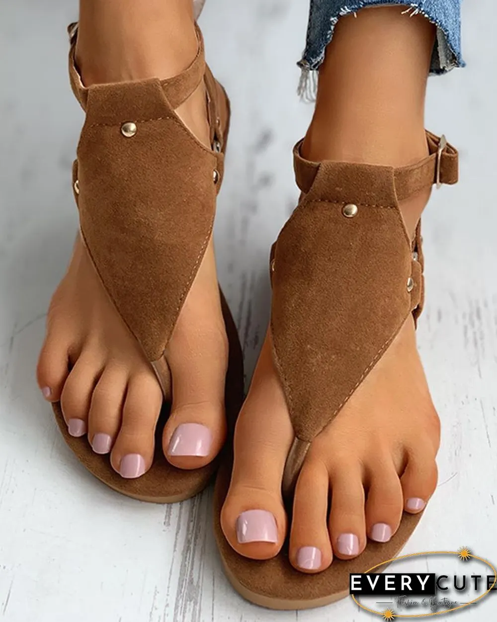 Toe Post Rivet Buttoned Slingback Sandals