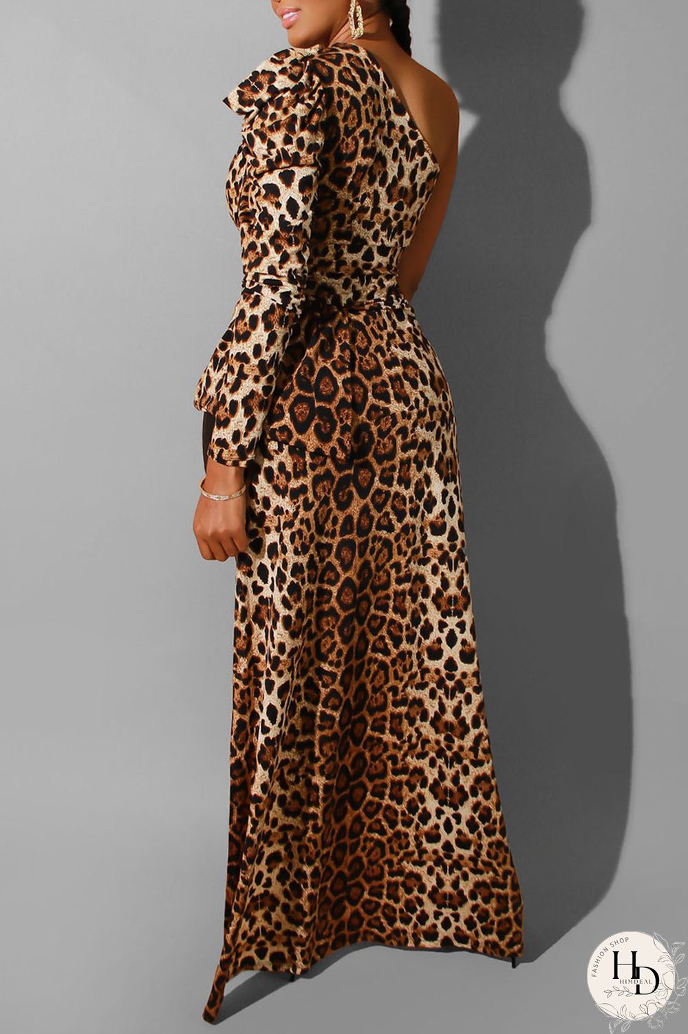 Leopard Print Sexy Print Leopard Split Joint Fold Asymmetrical Oblique Collar Dresses