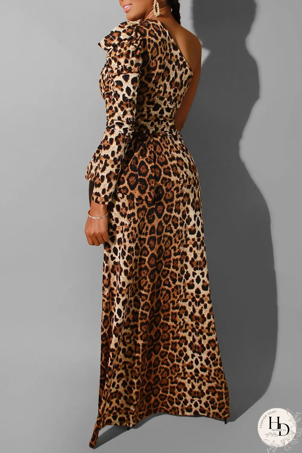 Leopard Print Sexy Print Leopard Split Joint Fold Asymmetrical Oblique Collar Dresses