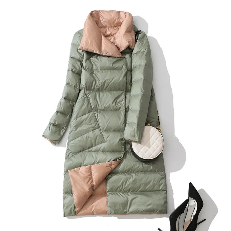 FTLZZ Ultra Light Long Jacket Women Winter Double Sided Slim White Duck Down Coat Single Breasted Turtleneck Warm Parkas