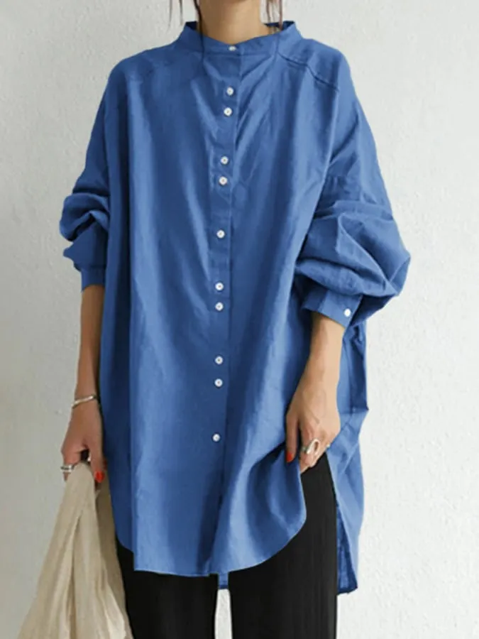 Women's Cotton Linen Stand Collar Loose Long Shirt