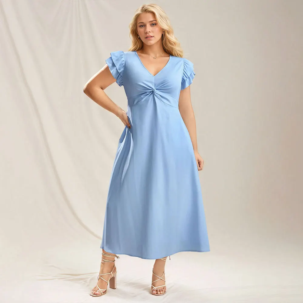 Women's Plus Size Sky Blue Twist Front Midi Dress