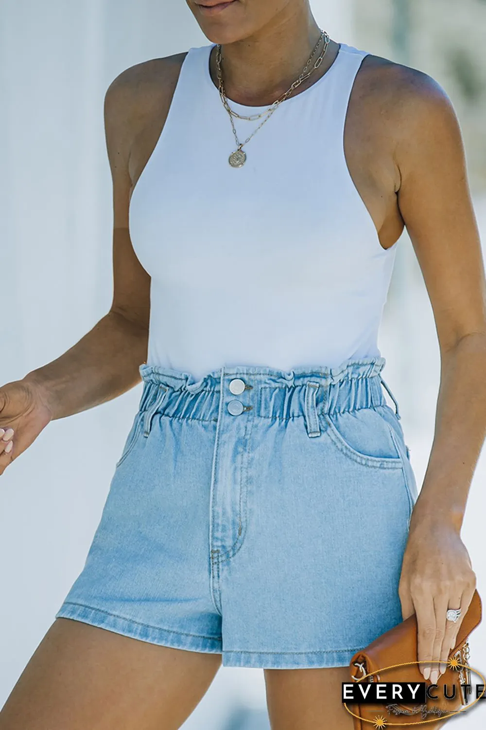 Sky Blue Paperbag Waist Washed Denim Shorts