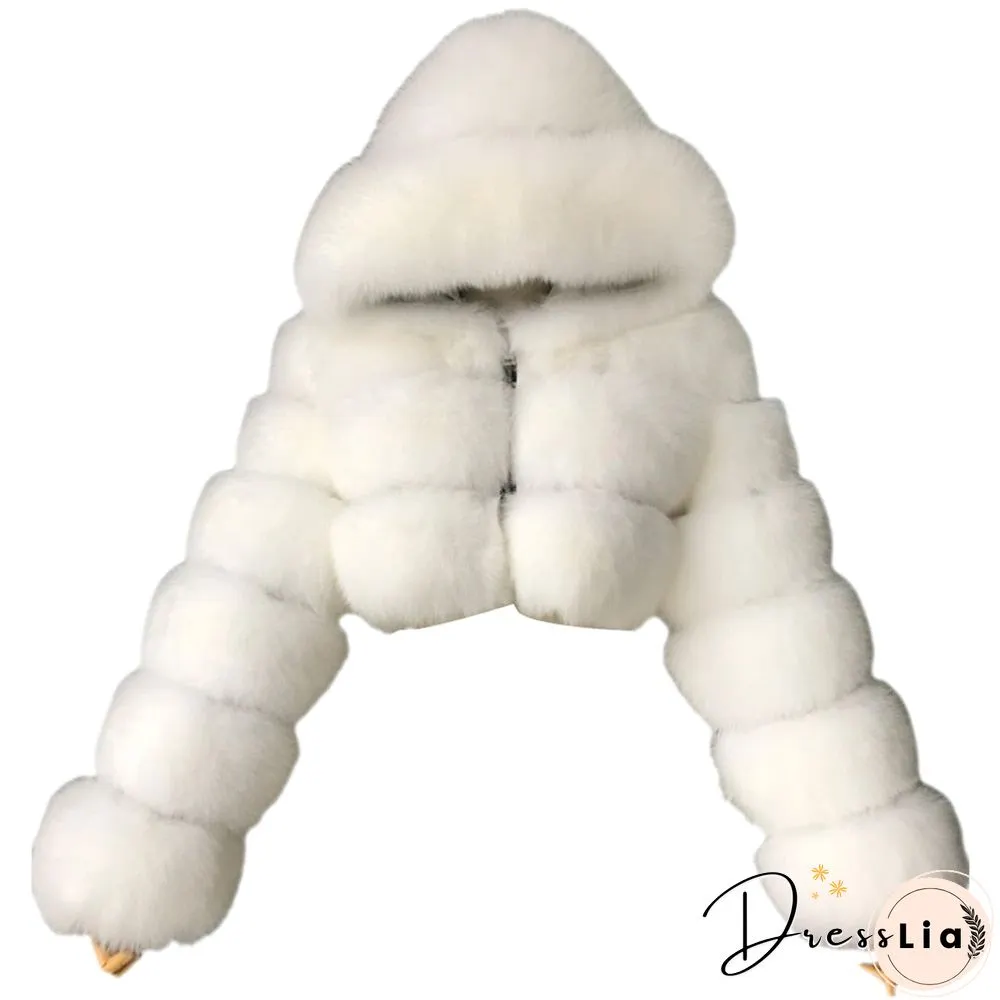 Plus size Women Jacket Fashion Autumn Winter Faux Fur Cropped Coat Fluffy Zip Hooded Warm Short Jacket