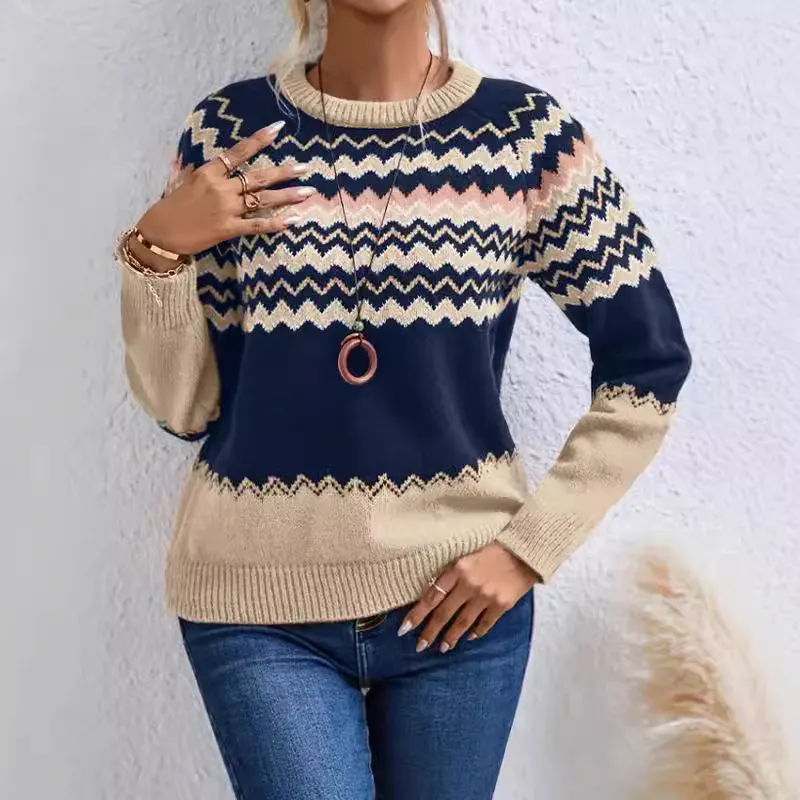 Athvotar Athvotar Women's Sweater Fashion Round-Neck Knitted Top Classic Striped Knitted Shirt