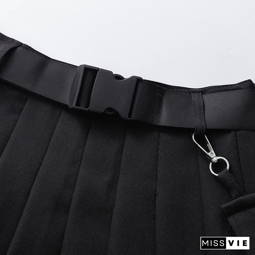 Gothic Off The Shoulder Buckle Strap Zipper Crop Top Belted Pleated Skirt
