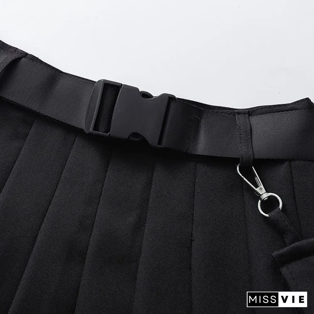 Gothic Off The Shoulder Buckle Strap Zipper Crop Top Belted Pleated Skirt