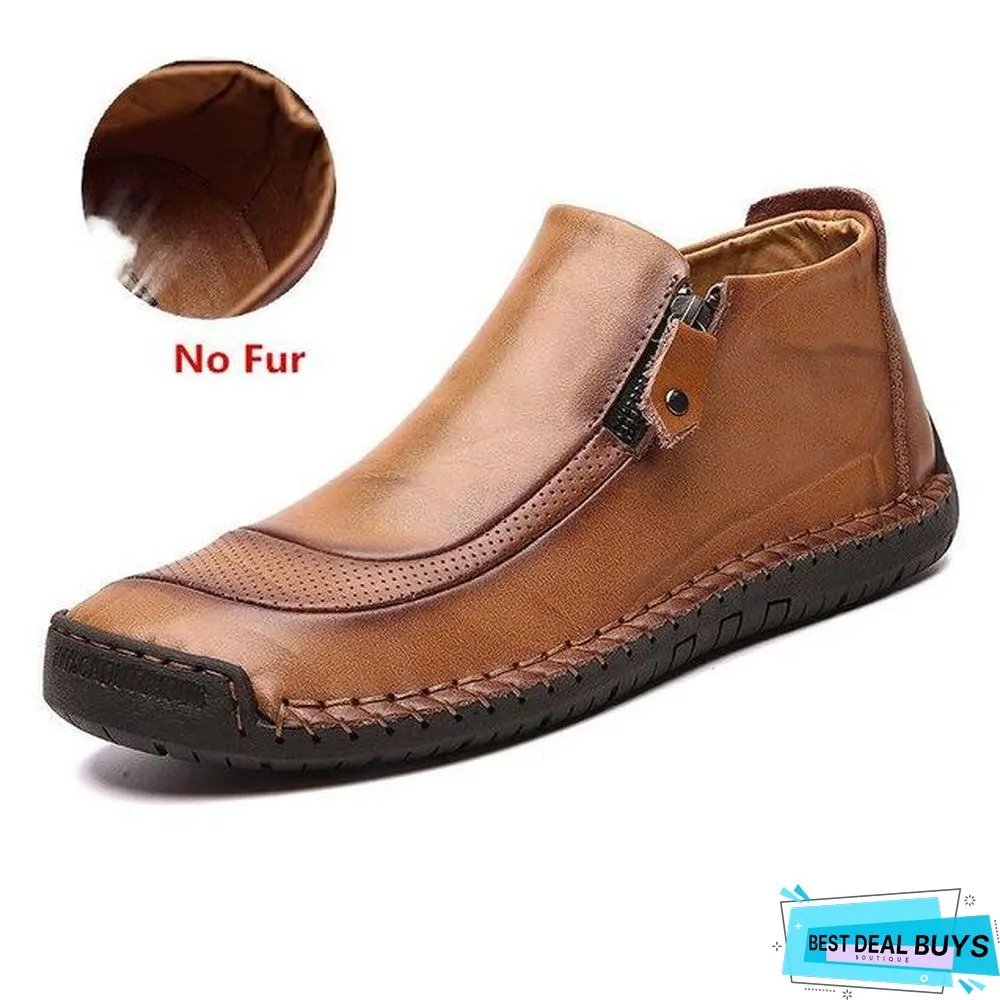 Men Boots Split Leather Ankle Snow Boots Warm Fur Men's Shoes Plush Winter Autumn Driving Shoes
