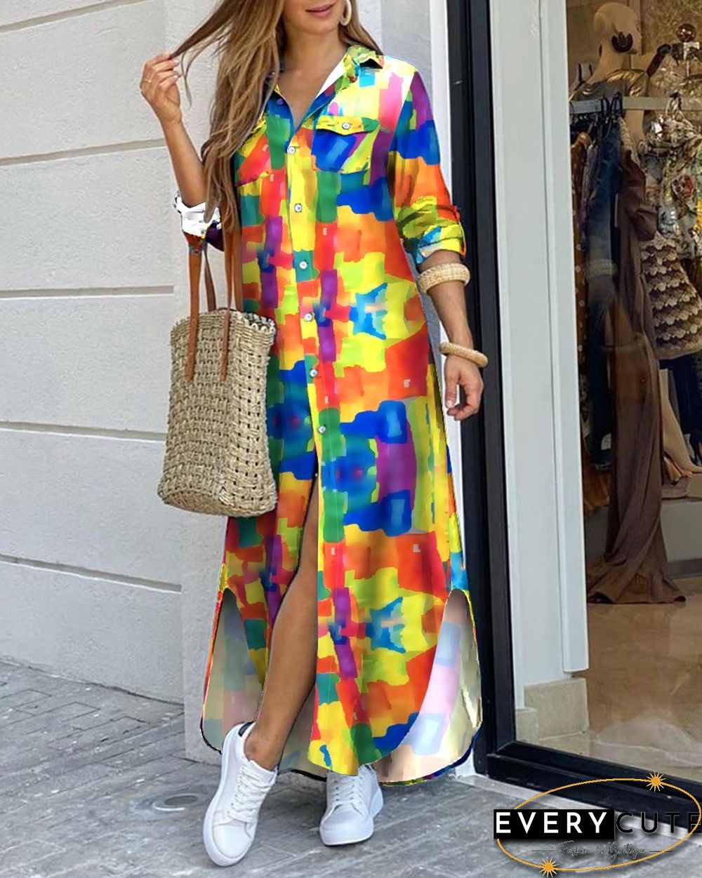 Colorblock Pocket Design Slit Shirt Dress