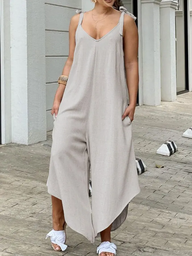 Solid Color Suspender Jumpsuit